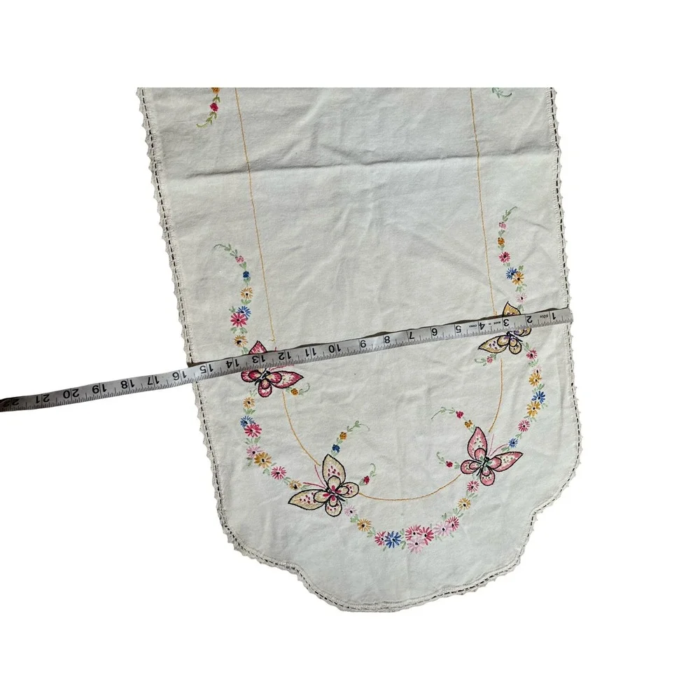 Vintage Embroidered Table Runner Butterfly Floral Dresser Scarf Linen